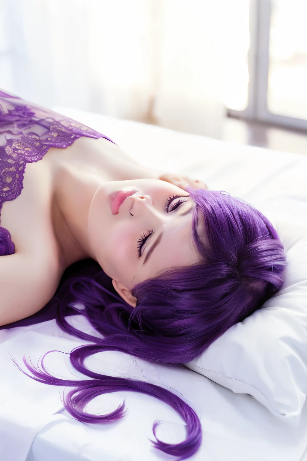 Sexy woman 20 years old long purple hair