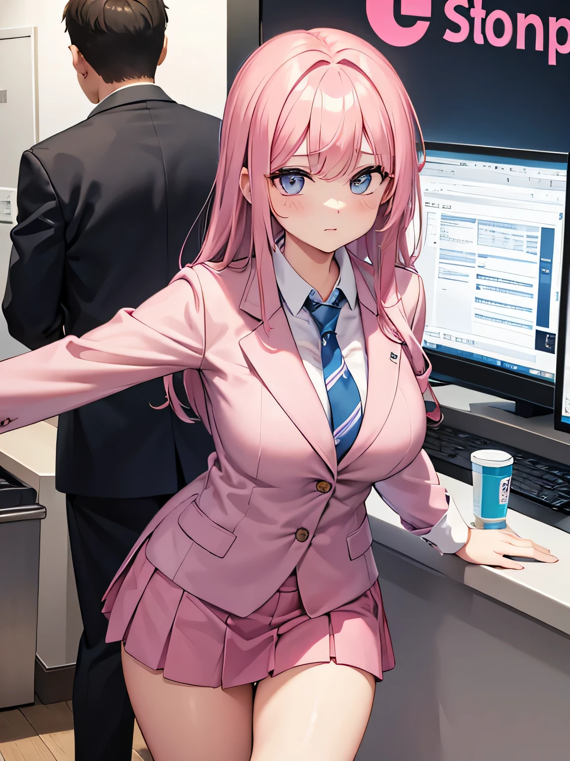 1,There's a woman behind the counter、There's a man in front of me.
2,the woman is the receptionist, She is wearing a pink blazer and a pink skirt., An unfriendly person who hates men.
3,The man is an employee of this company、I'm asking the receptionist to come with me.。.
4,The location is the company's large reception counter., The company logo is written in large letters on the back wall..