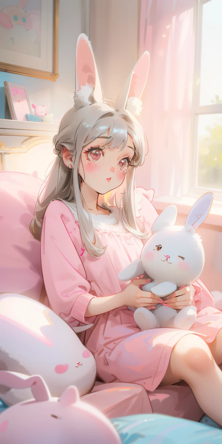beautiful illustration, best quality, cute girl, room, pastel color, cute rabbit ears, small, long silver hair, plush toy rabbit, bright lighting, light pink eyes
