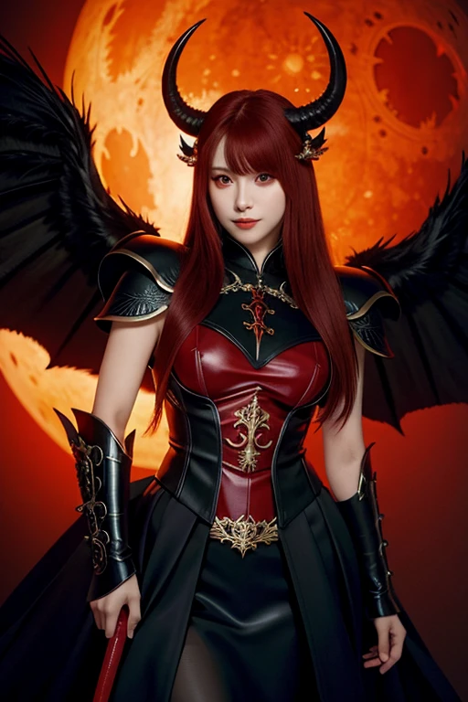 (tmasterpiece, Best quality at best, detailedbackground, Complicated details), dark castle, 1 girl, The demons, red hair clothes, 黑The eye, Pupil of the slit, curled horns, wings, bucktooth, Black armor, whips, natta, Red Moon