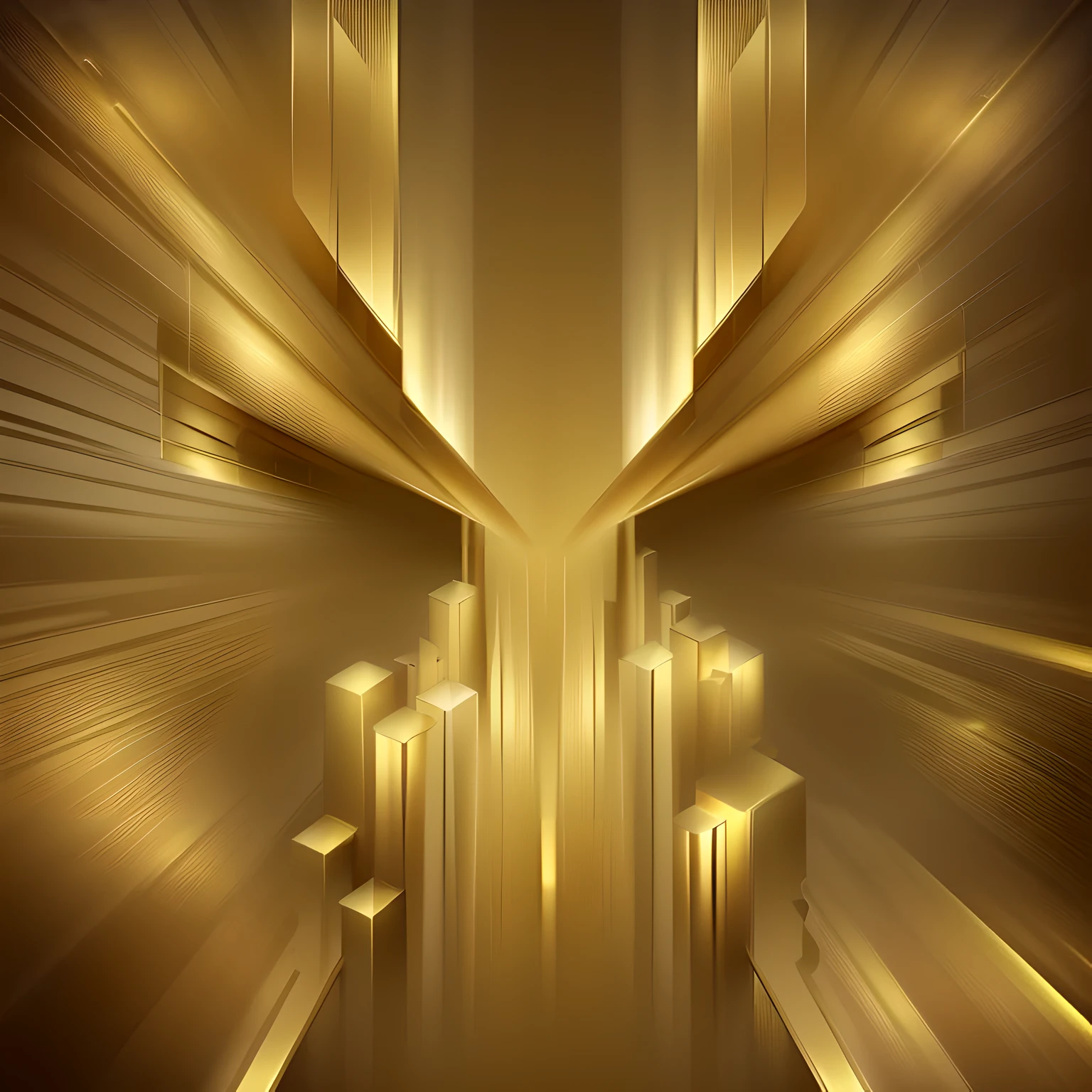 Create an image of a modern and luxurious golden background that conveys a sense of depth and ascension. The design should include gold with a radiant and reflective quality, featuring gradients and lighting effects that create the impression of movement and depth. The gradient should transition from lighter, brighter gold at the bottom to darker, richer gold at the top, simulating light cascading down. The texture should be subtle and refined, with a few abstract shapes that suggest upward momentum, encapsulating a sense of modern luxury and dynamic movement.
