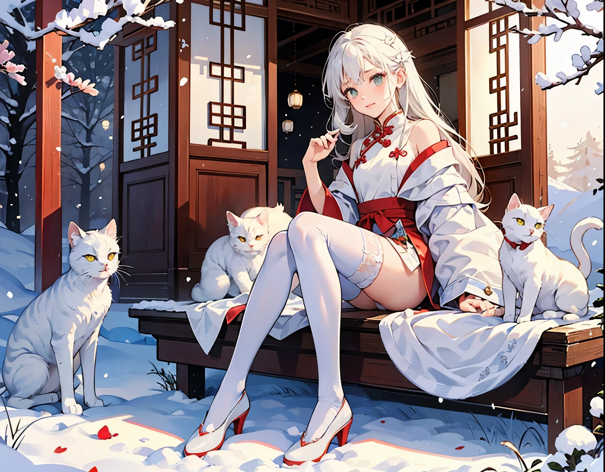 The world of and snow. White flowers. White cat-eared girls. Lively and cute white stockings.〈White in red〉White gauze stars are shining brightly, sitting softly in Chinese retro style