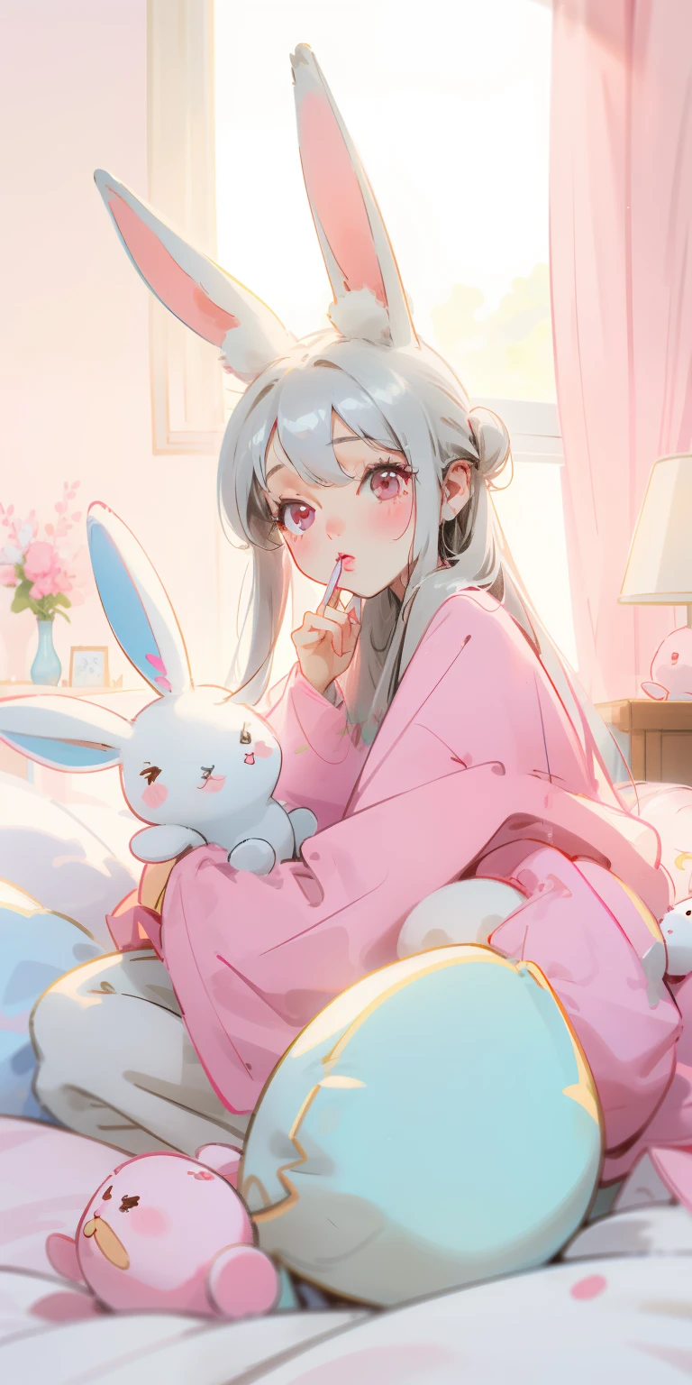beautiful illustration, best quality, cute girl, room, pastel color, cute rabbit ears, small, long silver hair, plush toy rabbit, bright lighting, light pink eyes