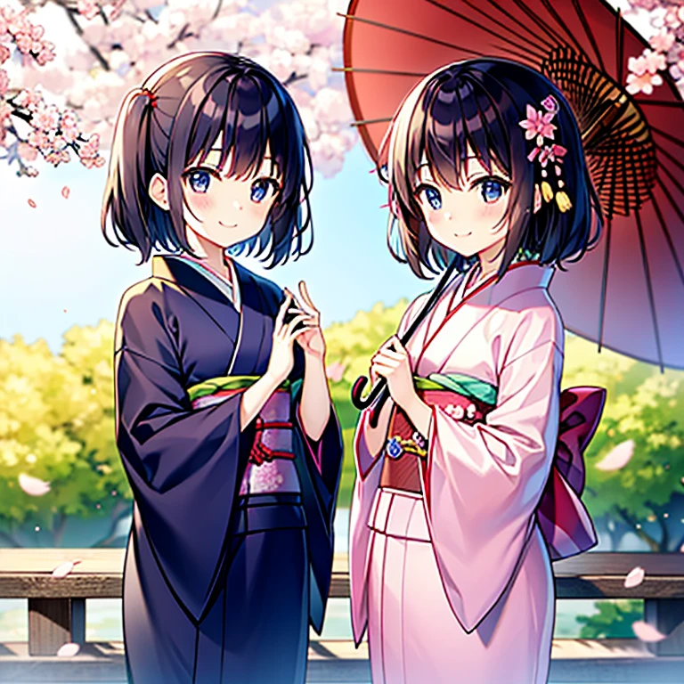 The cherry tree Cherry blossoms fall s girl Kimono kawaii faces Cute smile Night Time Zone Japanese umbrella