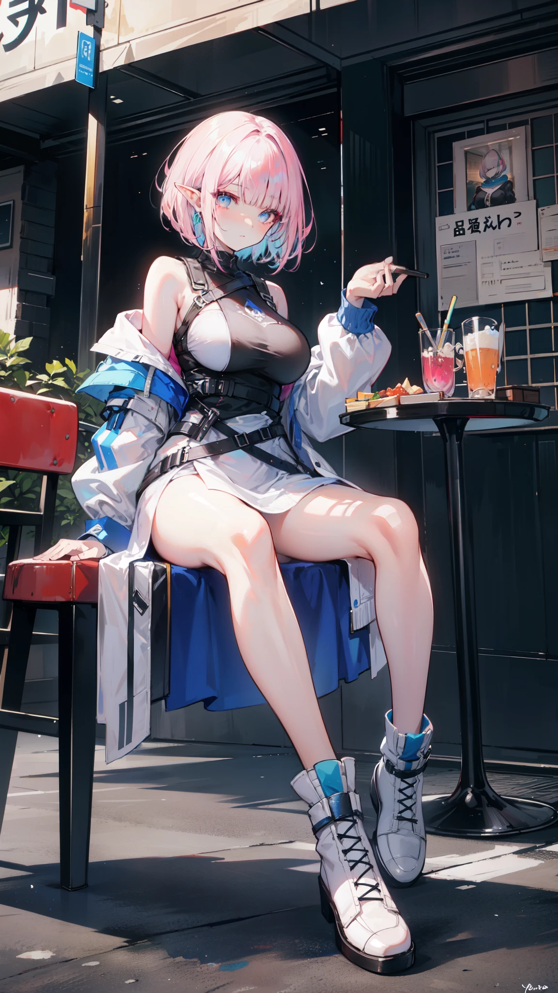 ((masterpiece, best quality)), official art, unity 8k wallpaper, ultra detailed, an elf woman, she's sitting at a restaurant table at the sidewalk, eating lunch,  BREAK, highly detailed of (elf), (1girl), perfect face, details eye, Bob cut hair, Blunt bangs, (hair over one eye), light pink hair, blue eyes, eyelashes, eyeshadow, pink eyeshadow, Big breast, nice body, concept art by Artgerm, by Kawacy, By Yoshitaka Amano, BREAK,  techwear streetwear look and clothes, we can see them from feet to head, highly detailed and intricate, techwear fashion, White boots,  BREAK,  plate, soda glass, she's looking away, scenery, urban scenery, cars, detailed scenery, beautiful background, (depth of field:1.3), (blurry background:1.2), shiny skin, high noon lighting, vivid colors, side view, BREAK, extremely detailed, Dutch angle,