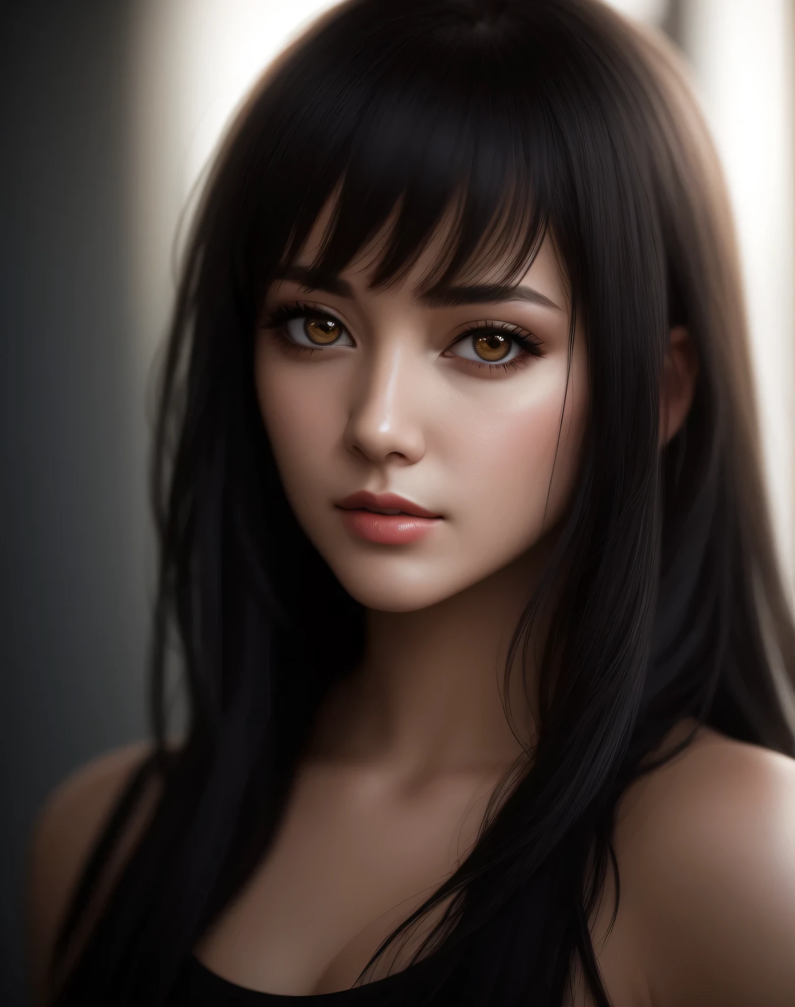 An anime-style digital art style of the face of a woman in her 20s, very long black hair, hard golden eyes, mysterious and with a place under the left eye.