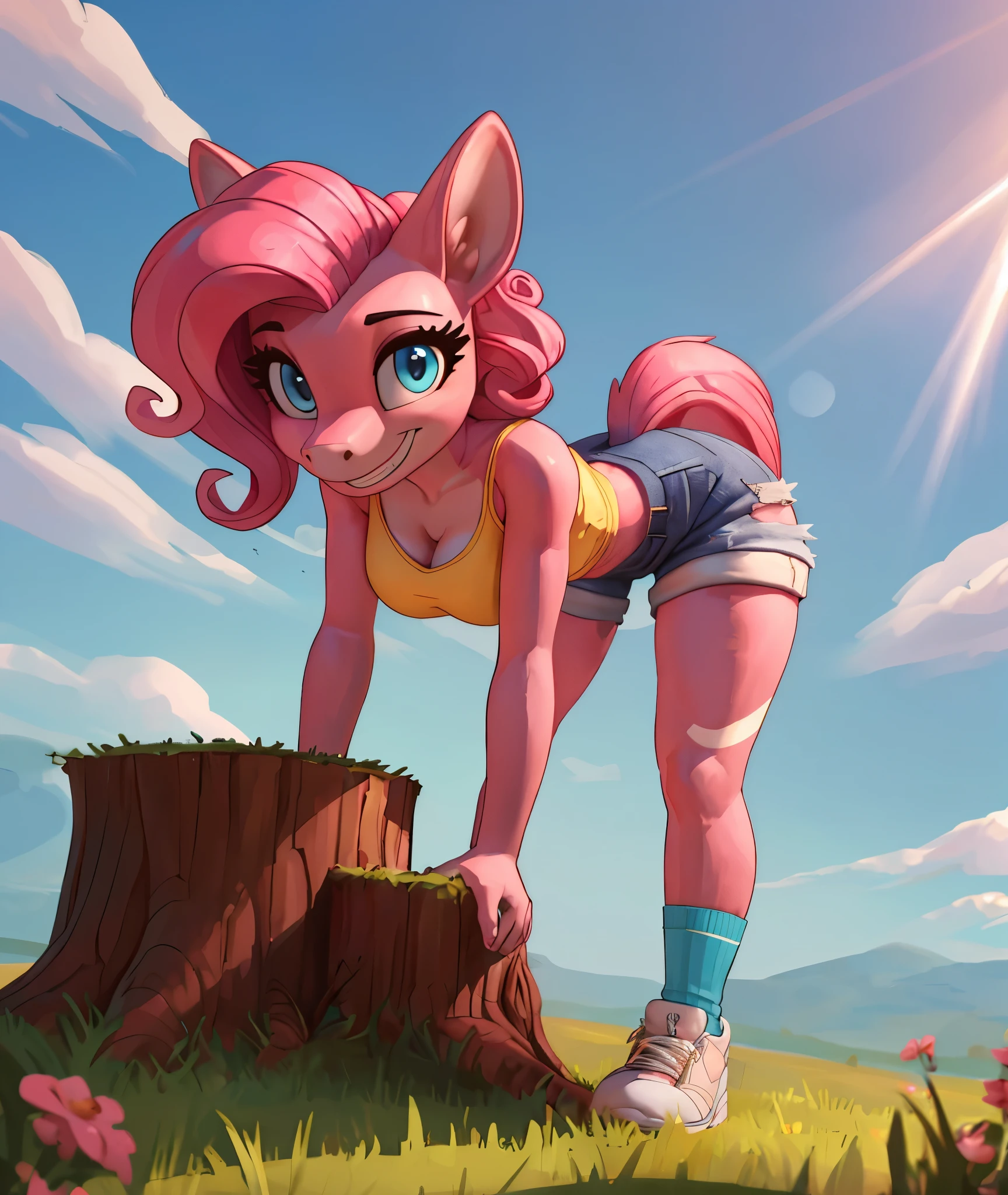 [pinky pie], [Uploaded to e621.net; (siden), (Pixelsketcher), (mayosplash), (wamudraws)], ((masterpiece)), ((HD)), ((high res)), ((solo portrait)), ((full body)), ((furry; anthro)), ((detailed fur)), ((detailed shading)), ((beautiful render art)), ((intricate details)), {anthro horse; (slim female figure), (pink fur), (cute cyan eyes), (long eyelashes), horse snout, (two nostrils), (curly hot-pink hair), (curly hot-pink tail), (medium boobs), (curvy hips), (beautiful legs), (excited grin)}, {(yellow tee shirt), (cleavage), (denim short shorts), (striped blue socks), (light-blue sneakers)}, {(leaning on tree stump), (bending over), (looking at viewer)}, [background; (grass plains), (clouds in sky), (blue sky), (sun rays), (ambient lighting)]