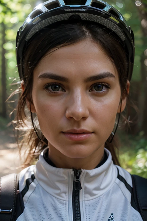 Vector art of a hyper-realistic, ultra-detailed artwork of a full-length female mountain biker in nature, cycling outfit, cycling helmet, sunglasses, detailed face, exquisite details, 30 megapixels, 4k, backlight fuzzy, award-winning photography, looking into the camera, in-camera search, monovisions, perfect contrast, high sharpness, facial symmetry, depth of field, ultra-detailed photography, ray tracing, global illumination, smooth, ultra high definition, 8K, Unreal Engine 5 , ultra sharp focus, award winning photography