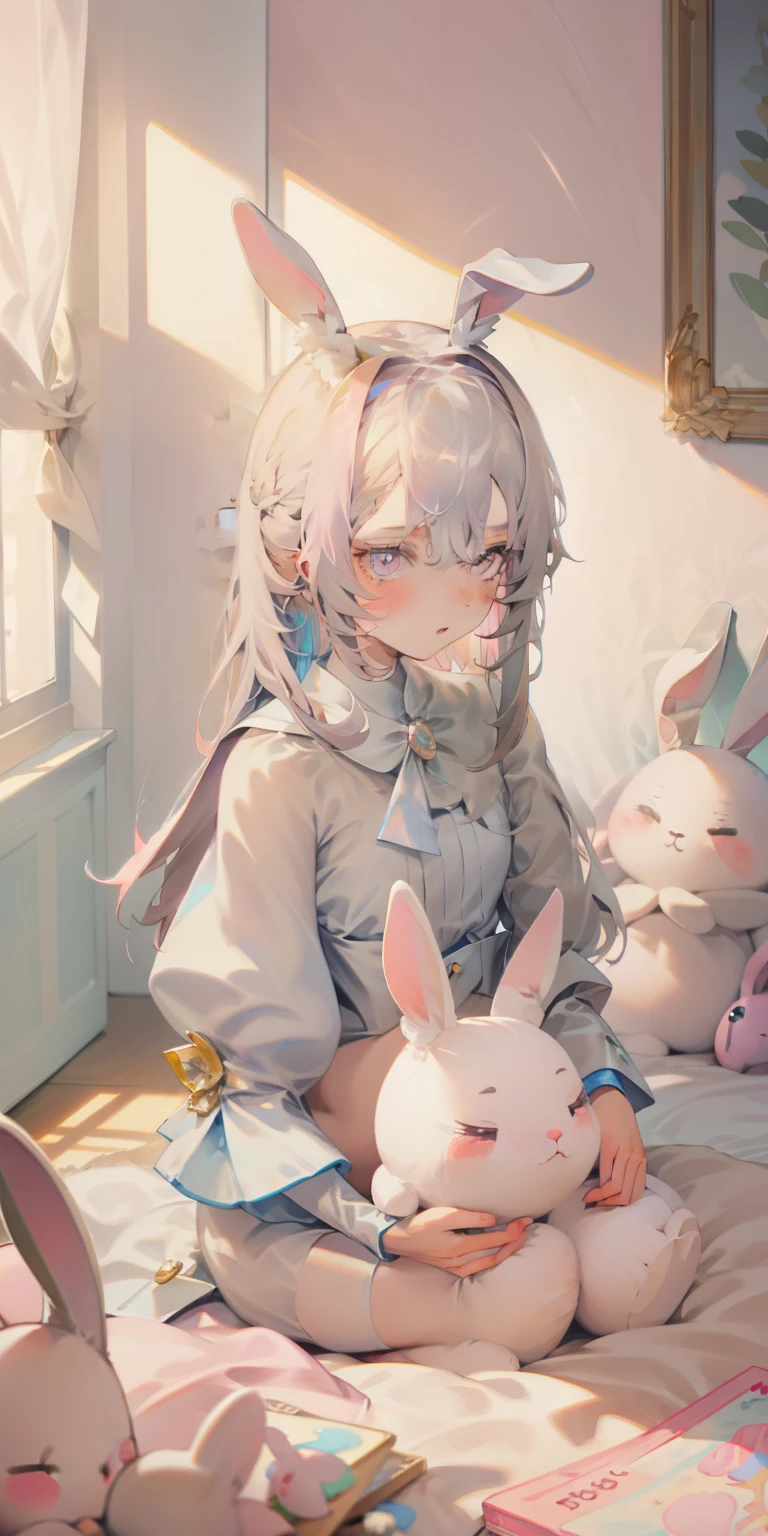 beautiful illustration, best quality, cute girl, room, pastel color, cute rabbit ears, small, long silver hair, plush toy rabbit, bright lighting, light pink eyes