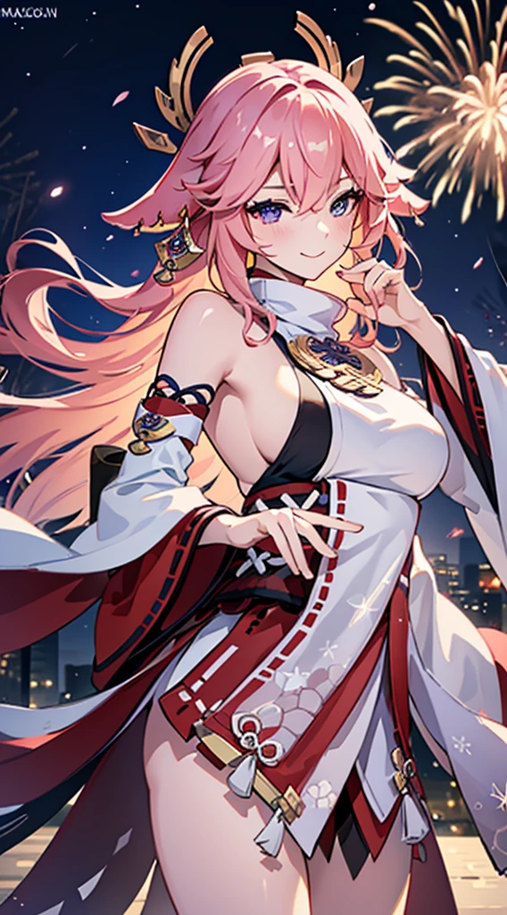 wide wide shot,Expansive night sky,celebration of the new year,Winter snowflakes fluttering,landscape,painting,illustration,portrait,yae miko, pink hair, sleeves separated, strapless, (sideboob:1.45),((grand fireworks display in the night sky)),mesmerizing colors fireworks,twinkling stars,Futuristic high-rise buildings,romantic ambiance,overwhelming sense of excitement,festive atmosphere,magical moment,inspiring and artistic composition. best quality,4k,8k,highres,masterpiece:1.2,ultra-detailed,realistic:1.37,