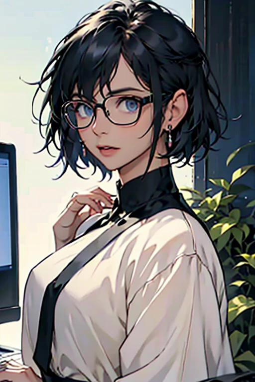 Working on a computer, Black shirt, Delicate drawing, Female in her 40s, bespectacled, Beautiful fece, bright mood, bob cuts, Dress calmly