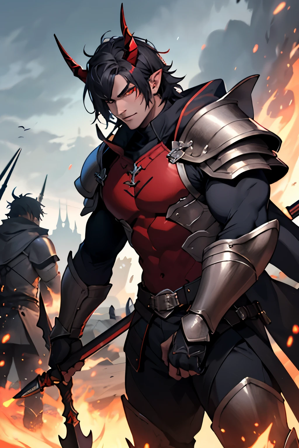 Demon male with maroon skin, horns, trident, and armor Standing on battlefield ((best quality))