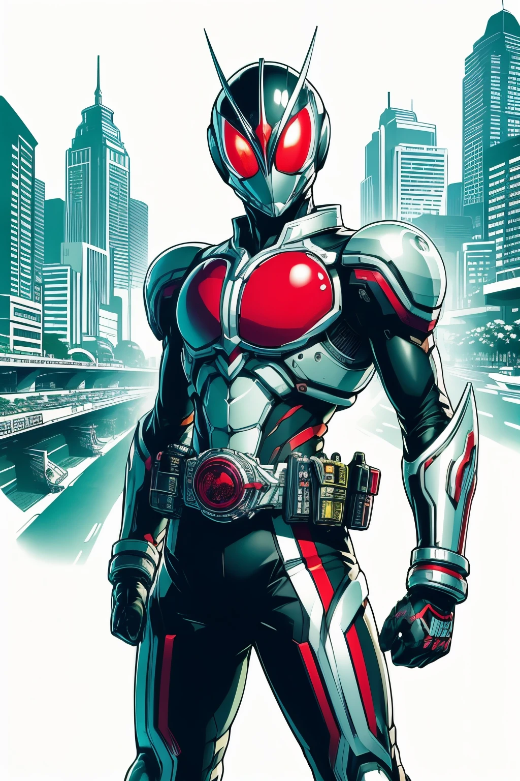 Ultraman,1boy,glowing_eyes,helmet,mecha,red_eyes,solo,bodysuit,robot,