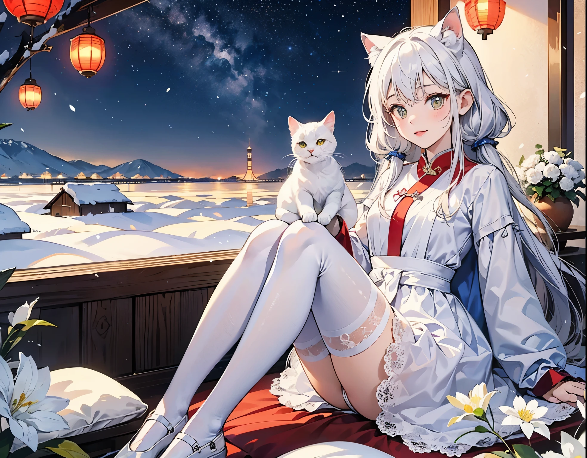 The world of and snow. White flowers. White cat-eared girls. Lively and cute white stockings.〈White in red〉White gauze stars are shining brightly, sitting softly in Chinese retro style