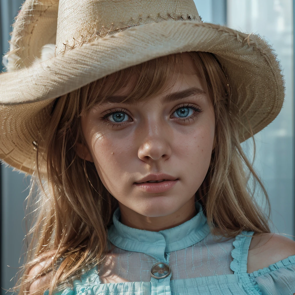 A beautiful cute blonde girl, hair bangs, cowboy hat, cyan eyes, ultra realistic soft skin, extreme detail, high masterpiece, 8k, photography, studio light, ultra realistic lighting, high realistic ray tracing, cowboy dress, RAW photo, photo studio, perfect detailed cute face, perfect age details