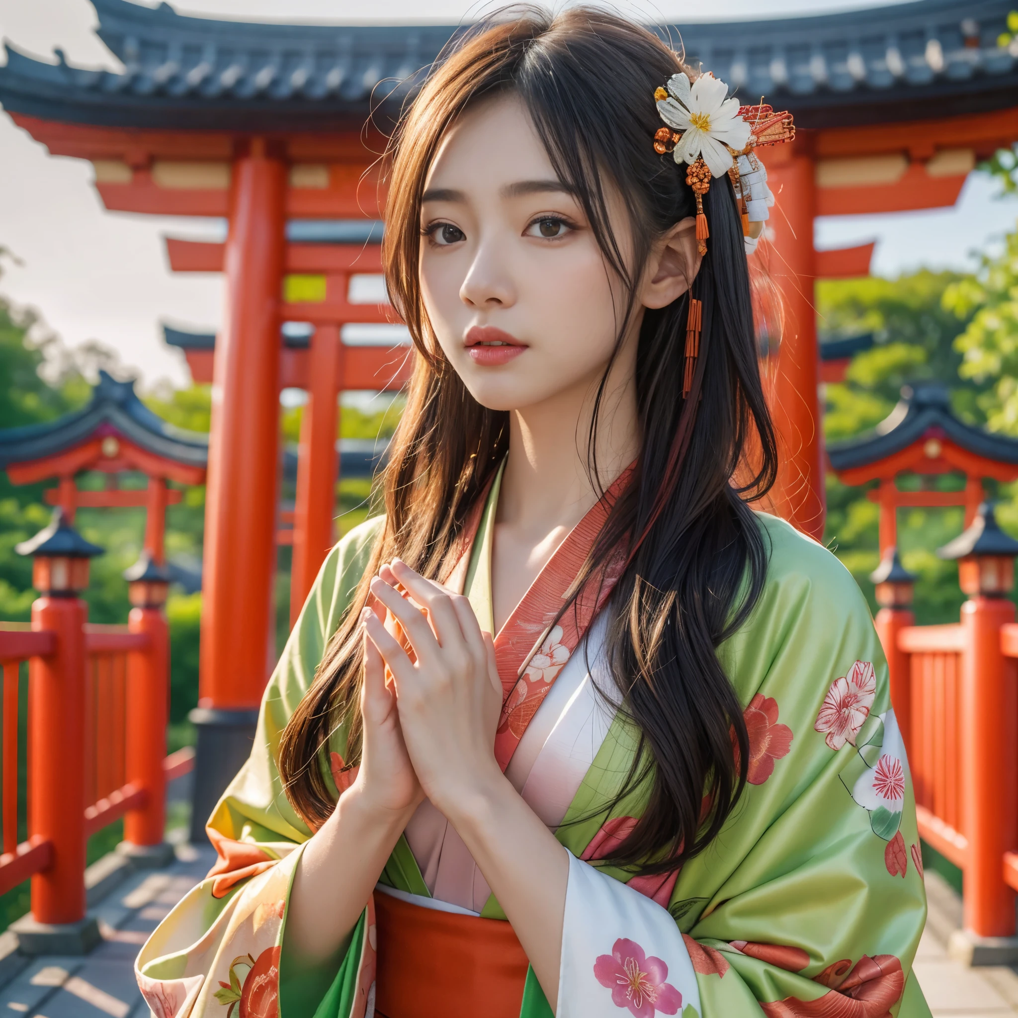 (Raw photo:1.2), (Photorealistic), Beautiful detailed girl, Very detailed eyes and face, Beautiful detailed eyes, Huge file size, High resolution, Very detailed, Best Quality, [masutepiece:1.6], Illustration, Very detailed, Fine detail, Best Quality, 8K Wallpaper, Movie Lighting, 1girl in, japanes,  girl, New Year&#39;s visit to Japan, At the New Year&#39;s Shrine, Pray, wear kimono, Her kimono is peeling off and her white bra is visible., torii gate, new year hair ornament, 背景にそびえ立つtorii gate, tiny chest, Young Face, Longhaire