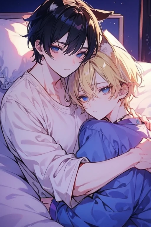 Unparalleled beauty,face perfect、Bedrooms、Lying in bed、well-muscled、(2man,Gay Male Relationships),Perfect Eye、Blue Eye、 By Shinkai Makoto、Animal ears、Animal tail、a blonde and a black hair、nightwear、もこもこのs Pajamas、Warm、s Pajamas、what will happen then??&#39;Sleeping、smil、