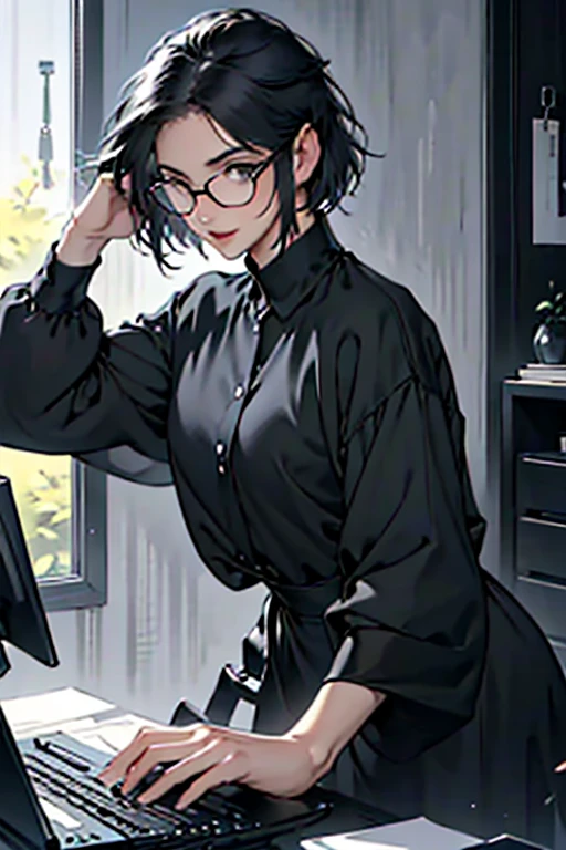Working on a computer, Black shirt, Delicate drawing, Female in her 40s, bespectacled, Beautiful fece, bright mood, bob cuts, Dress calmly