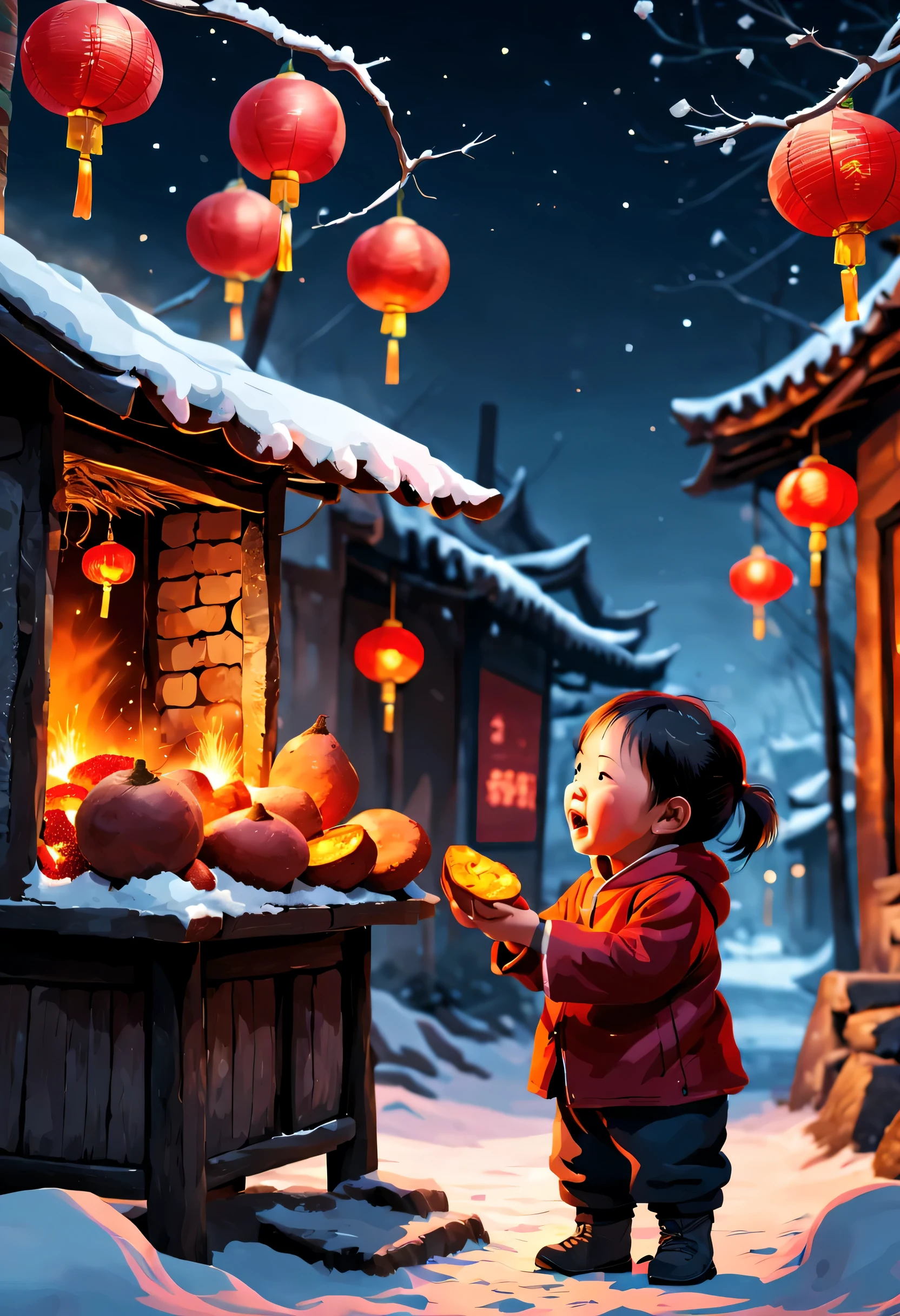 (2024 New Year’s Eve New Year Scene Design),(Tall Chinese Countryside Roasted Sweet Potato Oven:0.6),Child eating roasted sweet potato,Chinese red lantern,Snow scene in Chinese countryside at night,Joyful festive atmosphere