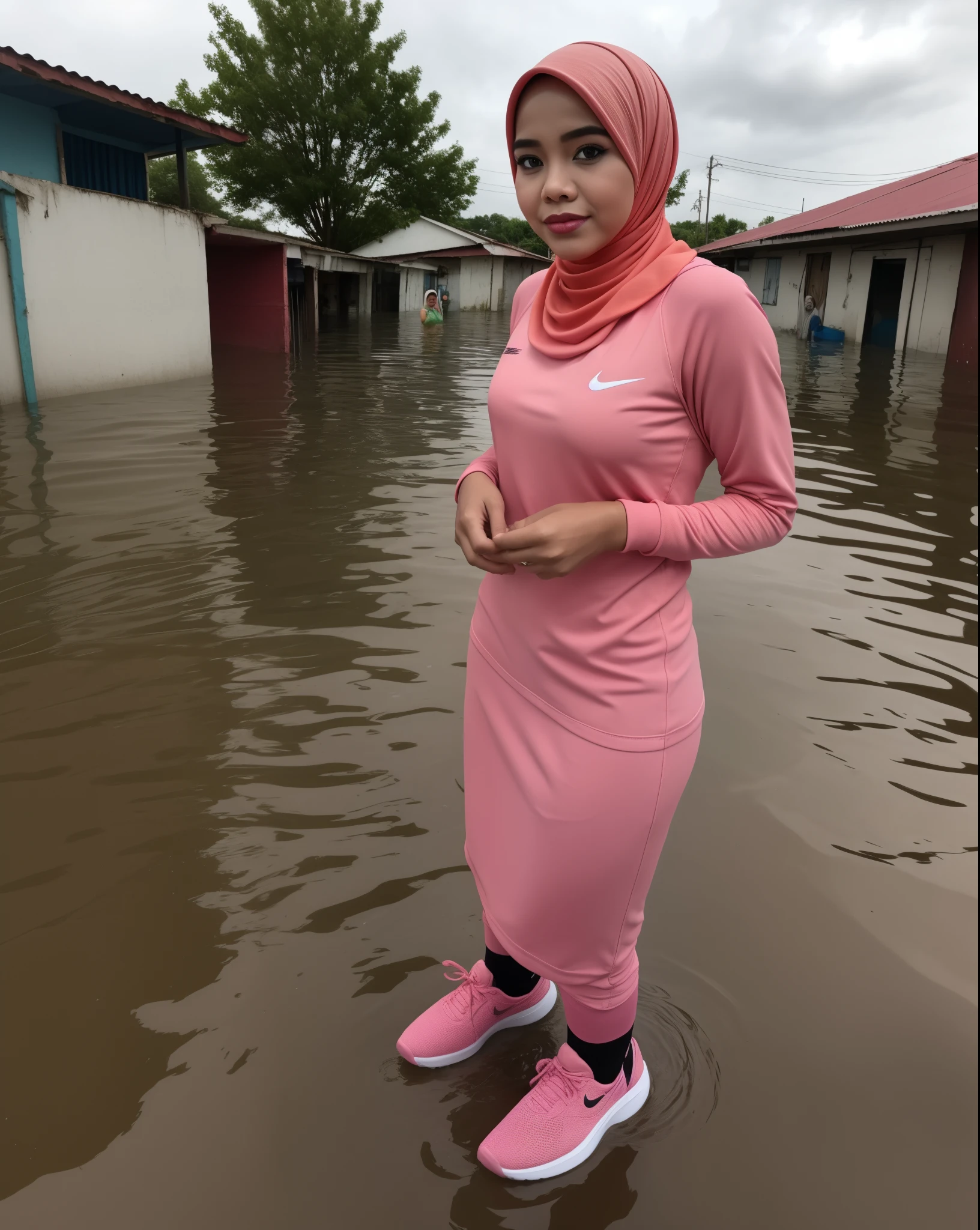 a beautiful Indonesian woman wearing a hijab, dancing and jumping happily under the rain, wearing a see-through dress, an extra thin pink dress, looking wet all over, in a city park,