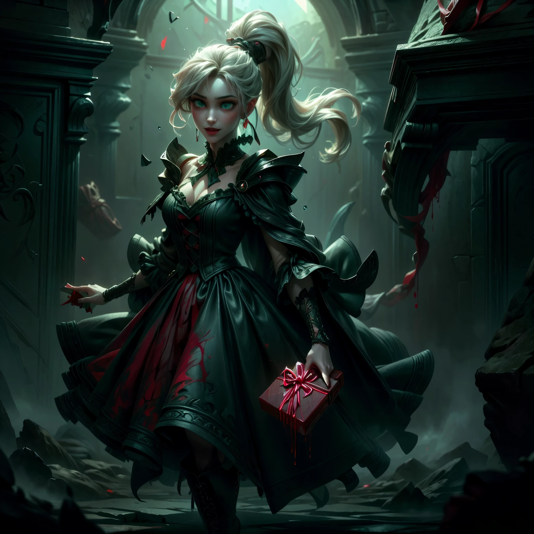 a picture of vampire standing in the front of her home holding a (blood: 1.3) dripping (gift box: 1.5), an exquisite beautiful female vampire in her front door of her home, full body (ultra detailed, Masterpiece, best quality), ultra detailed face (ultra detailed, Masterpiece, best quality), grey skin: 1.3 , blond hair, hair in a ponytail, long hair, blue eyes, cold eyes, glowing eyes, intense eyes, smile with [drops of blood on face] (ultra detailed, Masterpiece, best quality), dark red lips, [vampire fangs], wearing red dress (ultra detailed, Masterpiece, best quality), (green: 1.4) dark green cloak, (green: 1.3) green high heeled boots in front of her home, holding a (white: 1.4) (gift box: 1.4) dripping red blood GlowingRunes_red (ultra detailed, Masterpiece, best quality, high details, best quality, 16k, [ultra detailed], masterpiece, best quality, (ultra detailed), full body, ultra wide shot, photorealism, luis royo style, dark fantasy art, moon light coming through the window, moon rays, gothic art, sense of dread, sense of seduction, bloodmagic,