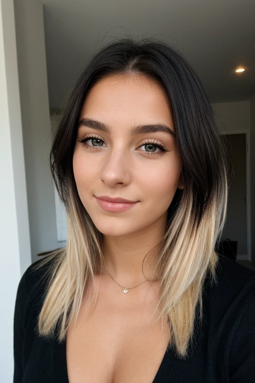 20 year old Brésilienne woman, riant, cheveux de couleur noir, fond noir, teint blonde