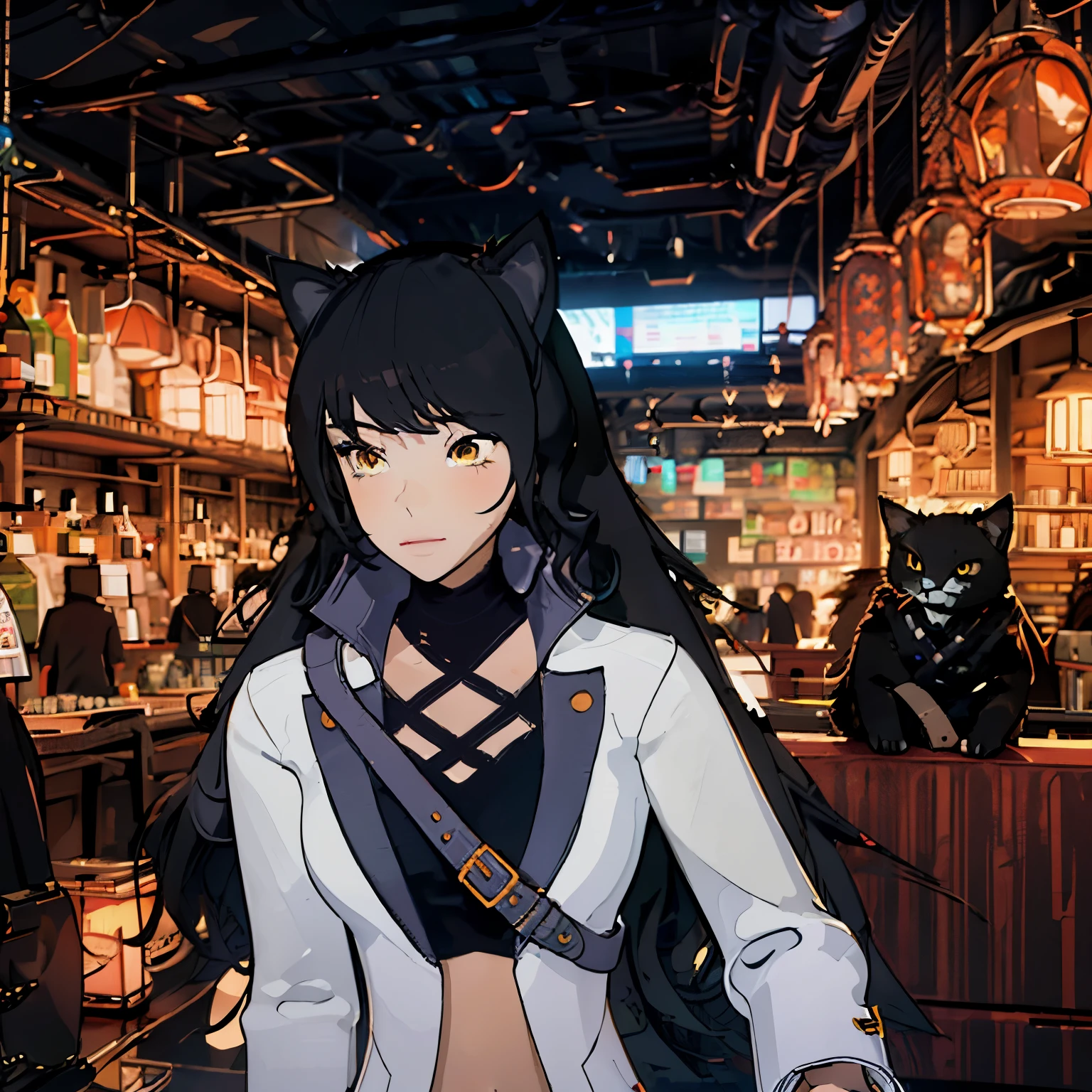 Blake_RWBY, 1girl, solo, black hair, long hair, cat ears, animal ears, yellow eyes, belt, midriff, pants, jacket,