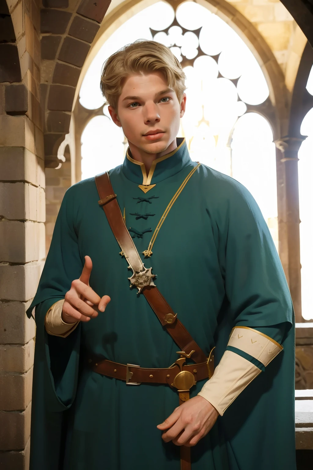 1154, Kingsbridge, England. Otherworldly scene in a medieval monastery cloister, ((((37-year-old)) Hunter Parrish)), knight, sheriff, accusing, pointing finger, ((smug expression)), ((((tunic from the 12th century)))), ((Hairstyle of the 12th century)), ((Wes Anderson cinematic style)), colorful