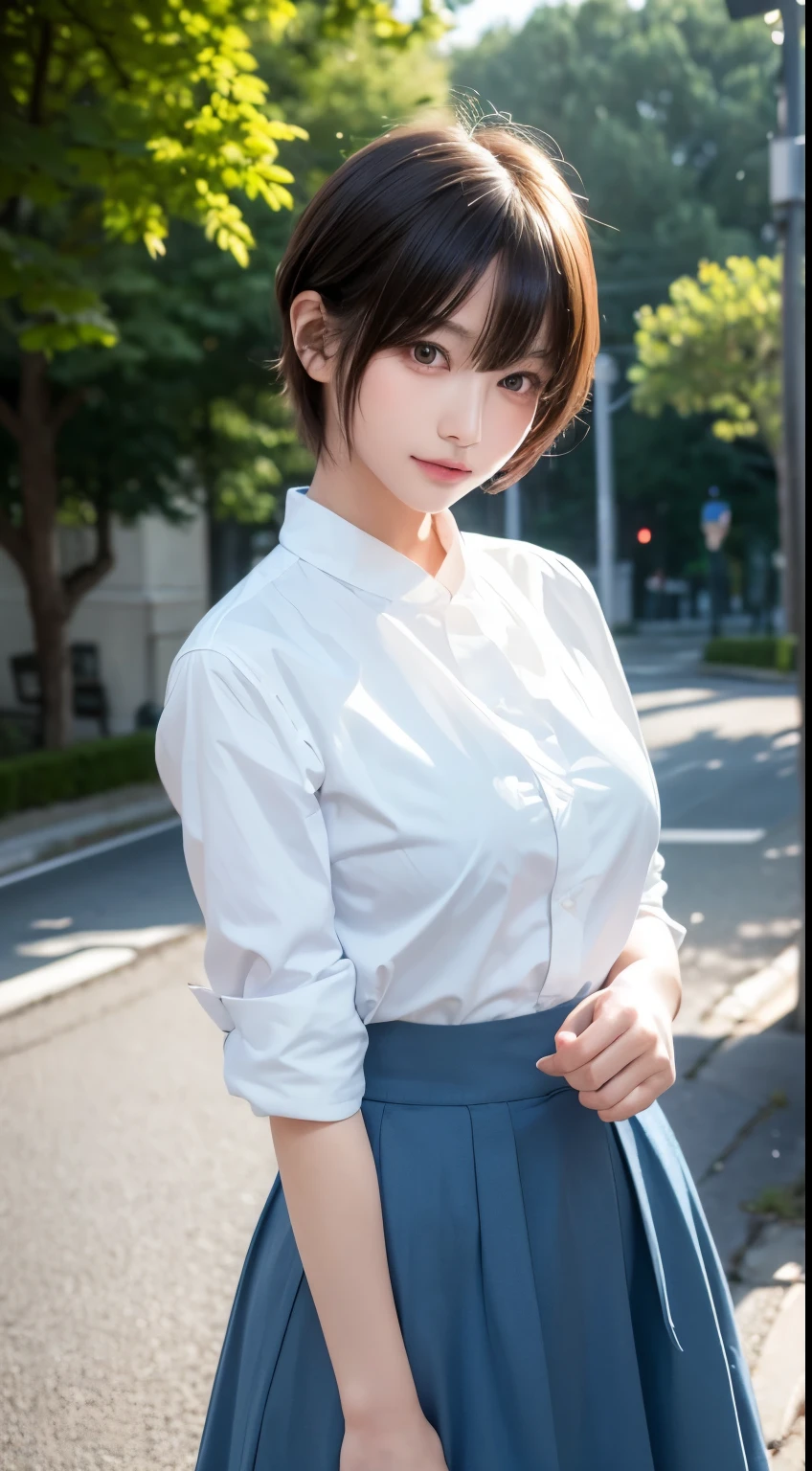 Masterpiece, 1 Beautiful Girl, Detailed Eyes, Puffy Eyes, Top Quality, Ultra High Resolution, (Realistic: 1.4), Movie Lighting, Japanese, Asian Beauty, Korean, Very Beautiful, Beautiful Skin, Slender, Body Facing Forward, (Ultra Realistic), (High Resolution), (8K), (Very Detailed ), ( Best Illustration), (Beautifully Detailed Eyes), (Super Detailed), (Wallpaper), Detailed Face, Lighting is Bright, Professional Lighting, Looking at Viewer, Facing Forward, Short Hair, Neat Clothing, Background is Slightly Blurred, Street Trees, Hair Color is Partially Bright Blue, Dress, Topskirt Smile,