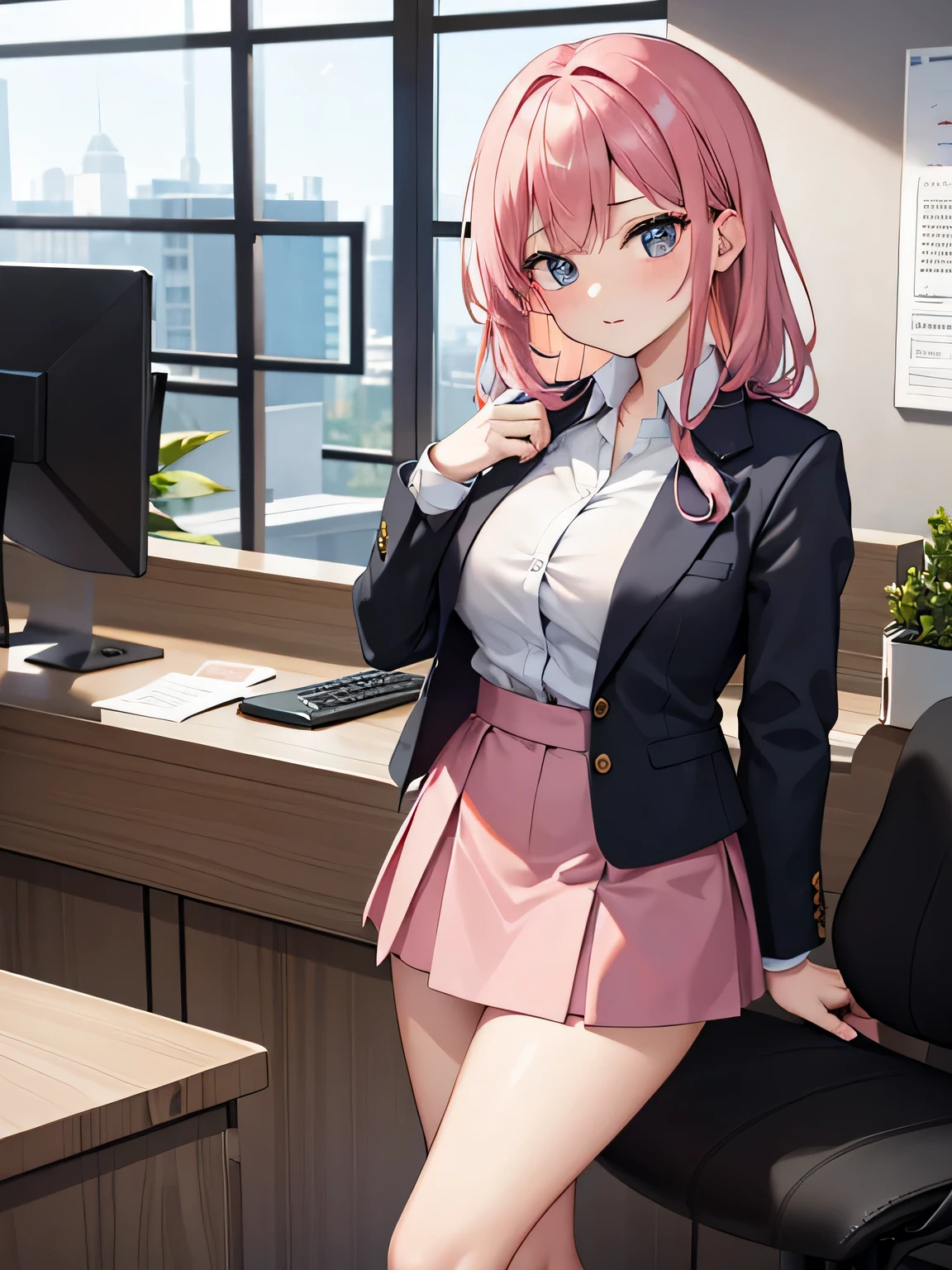 1,There's a woman behind the counter、There's a man in front of me.
2,the woman is the receptionist, She is wearing a pink blazer and a pink skirt., An unfriendly person who hates men.
3,The man is an employee of this company、I'm asking the receptionist to come with me.。.
4,The location is the company's large reception counter., The company logo is written in large letters on the back wall..
