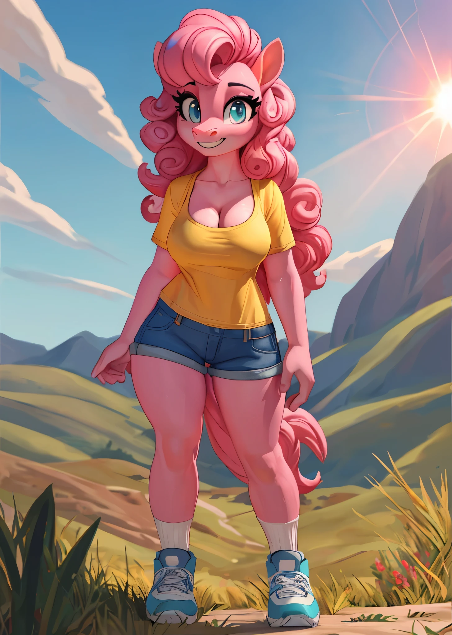 [pinky pie], [Uploaded to e621.net; (siden), (Pixelsketcher), (mayosplash), (wamudraws)], ((masterpiece)), ((HD)), ((high res)), ((solo portrait)), ((full body)), ((furry; anthro)), ((detailed fur)), ((detailed shading)), ((beautiful render art)), ((intricate details)), {anthro horse; (slim female figure), (pink fur), (cute cyan eyes), (long eyelashes), horse snout, (two nostrils), (curly hot-pink hair), (curly hot-pink tail), (medium boobs), (curvy hips), (beautiful legs), (excited grin)}, {(yellow tee shirt), (cleavage), (denim short shorts), (striped blue socks), (light-blue sneakers)}, {(standing), (looking at viewer)}, [background; (grass plains), (clouds in sky), (blue sky), (sun rays), (ambient lighting)]