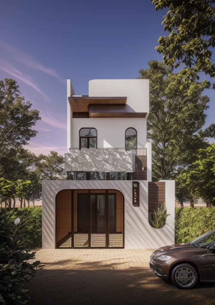 Hyper realistic eye level exterior photo of a mid century modemn
style house overlooking the valley. daylight, indirect lighting
House, wood, Chile, Sunset