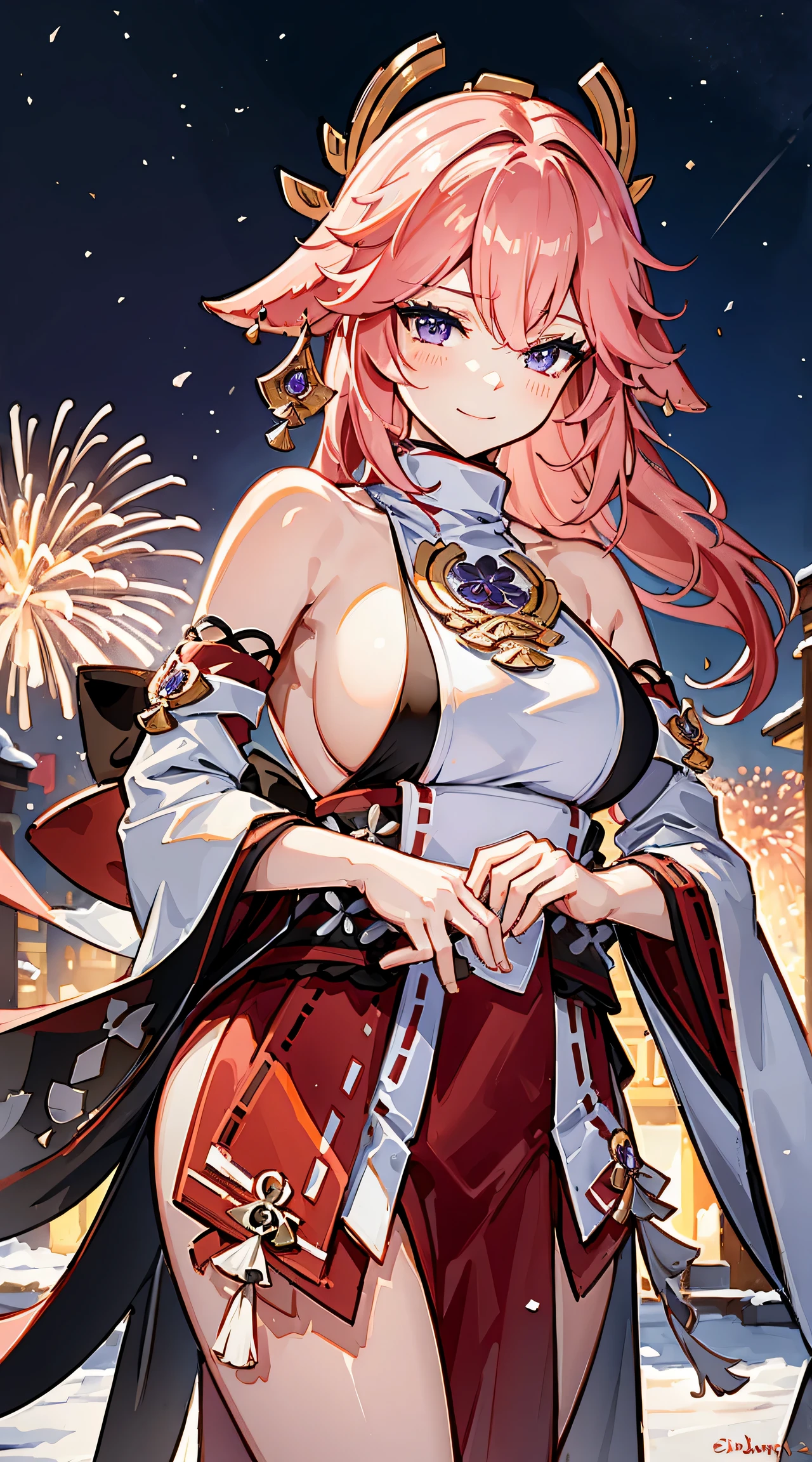 wide wide shot,Expansive night sky,Ring in the New Year,winter snowflakes flying,The landscape,painting of a,illustratio,sportrait,YaeMiko, with pink hair, The sleeves are separated, No shoulder strap, (Side breasts:1.45),((Grand fireworks show in the night sky)),Colorful fireworks,Twinkling stars,Romantic atmosphere,Stunning architectural design,overwhelming excitement,festive atmosphere,Magical moments,Inspiring artistic creations. Best quality at best,4K,8K,A high resolution,tmasterpiece:1.2,ultra - detailed,actual:1.37,