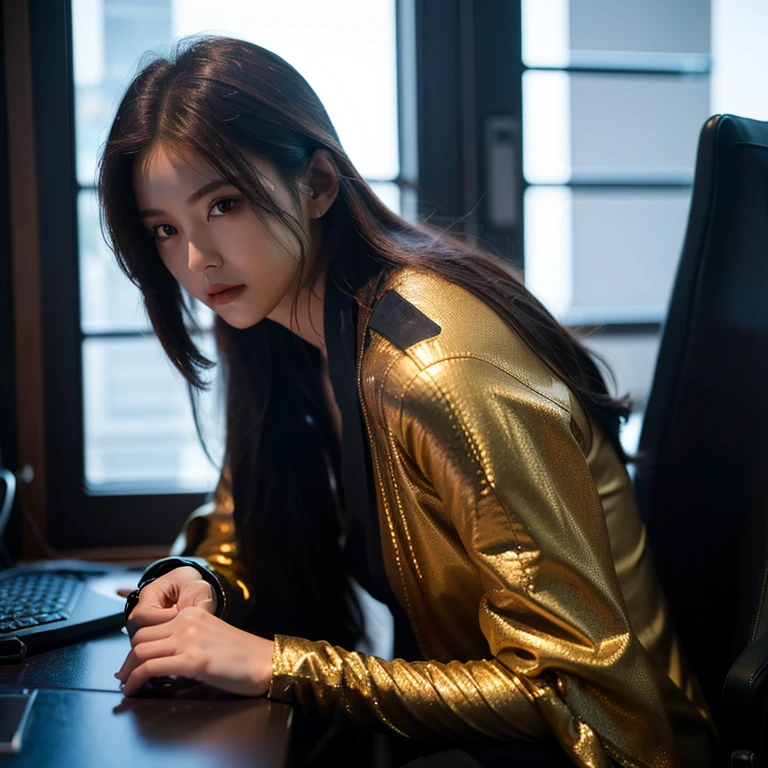 （best qualtiy））， （（tmasterpiece））， （A detailed：1.4）， 3D， Beautiful images of cyberpunk women， HDR（HighDynamicRange），Ray traching，NVIDIA RTX，Hyper-Resolution，Unreal 5，sub surface scattering，PBR textures，Post-processing，Anisotropic filtering，depth of fields，Maximum clarity and sharpness，Many-Layer Textures，Albedo e mapas Speculares，Surface Coloring，Light-，Asian woman metal hair sci-fi women&#39;s clothing