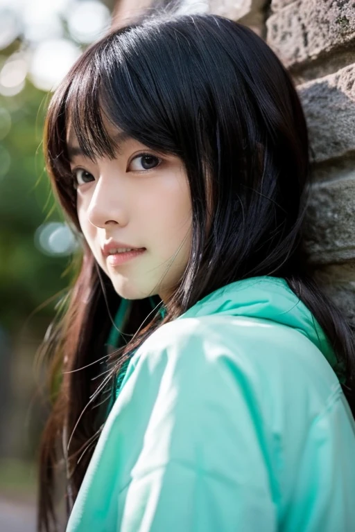 Slender Japanese woman staring at the camera、Black turtleneck sweater、Green tree on background々or bushes、High resolution、High resolution images、photo from the waist up