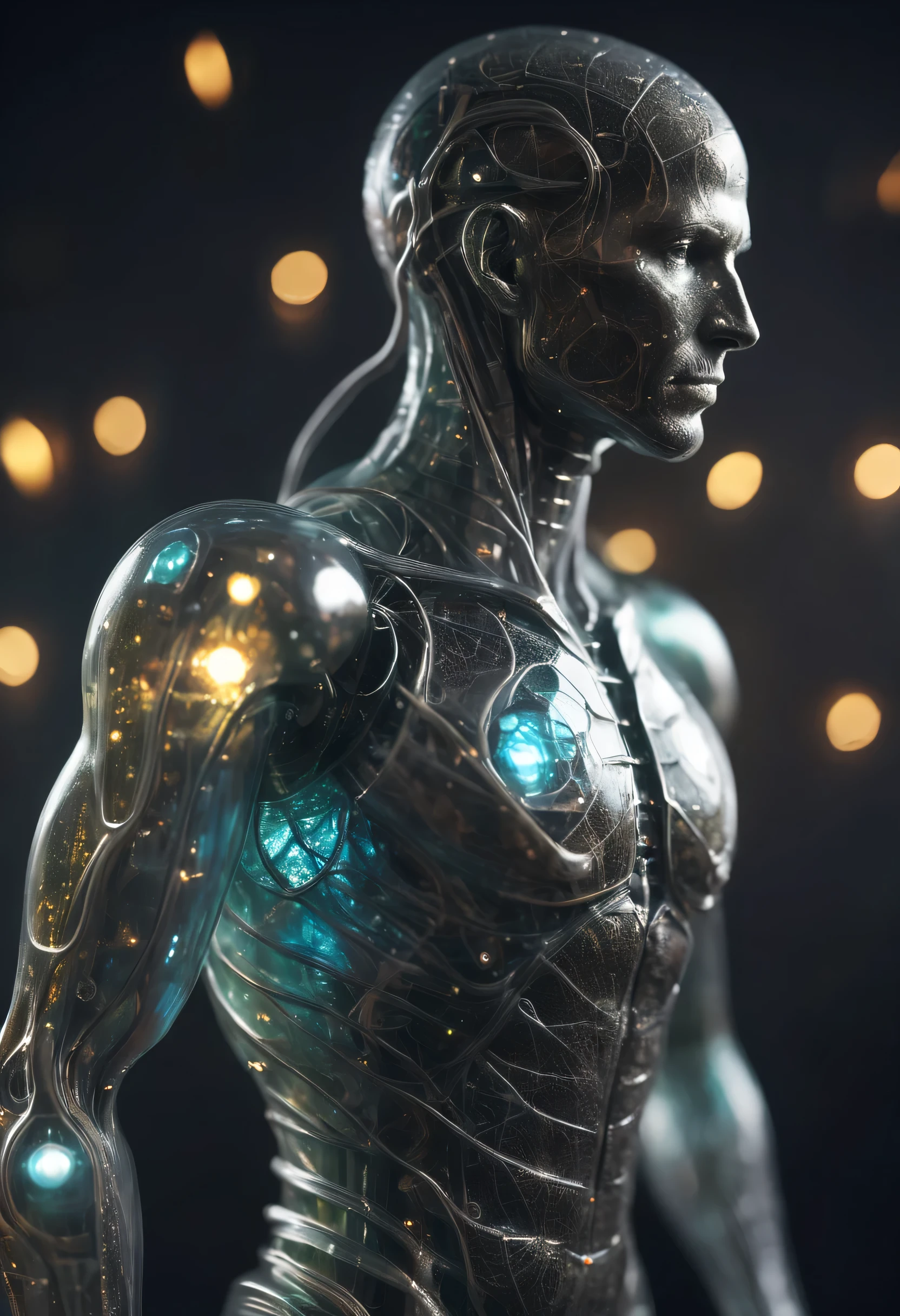 mesmerizing realistic photos (Cybernetic male figure made entirely of otherworldly luminous and translucent materials:1.05) (Trying to pull artificial skin over cybernetic implants:1.2), perspective body, Veins and bones can be seen through translucent tissue and clear skin, complex organizational details, Detailed vegetables, naturally soft light in the early morning, Translucent bioluminescent material, Surreal, (Voronui model, depth of fields, (swirly bokeh:1.275), (Cordas Portela 400:0.875) :1.15), (Realistic complex future background, Many futuristic cooking devices:1.1), Shiny glass, (edge lit, Understated lighting:1.15), heavenly, Ethereal, epic, magical light spot, natural, Soft and dreamy lighting, ((warm dark charcoal:0.7), (Cinematic look:1.15):1.15)