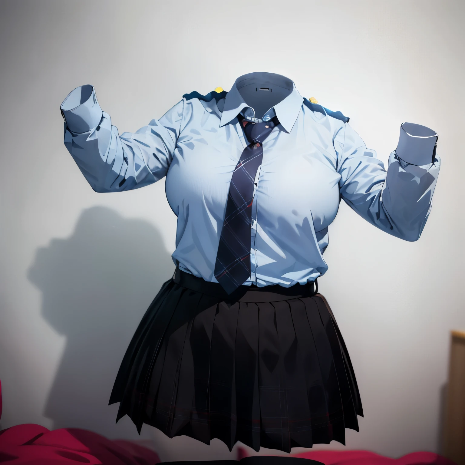 absurdres, highres, ultra detailed, school uniform, stripe tie, plaid skirt, (close-up to breasts), cute big breasts, (invisible, no human, headless, handless:1.5), chubby, fat, sleeping on bed