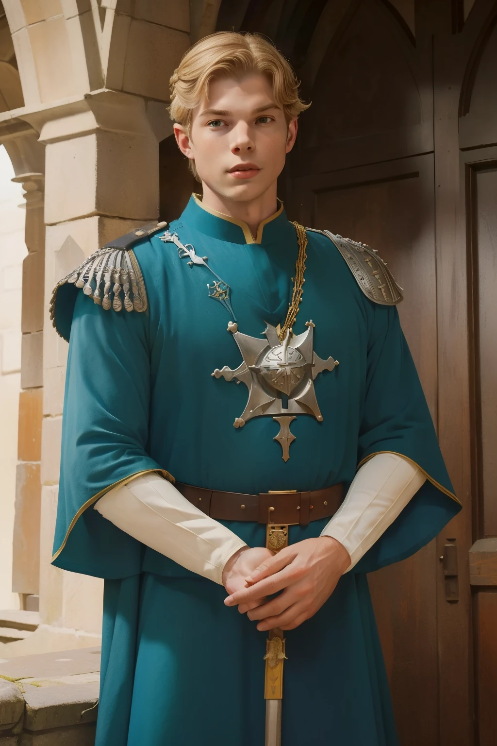 1154, Kingsbridge, England. Otherworldly scene in a medieval monastery cloister, ((((37-year-old)) Hunter Parrish)), knight, sheriff, accusing, pointing finger, ((vindictive furious smug expression)), ((((tunic from the 12th century)))), ((Hairstyle of the 12th century)), ((Wes Anderson cinematic style)), colorful