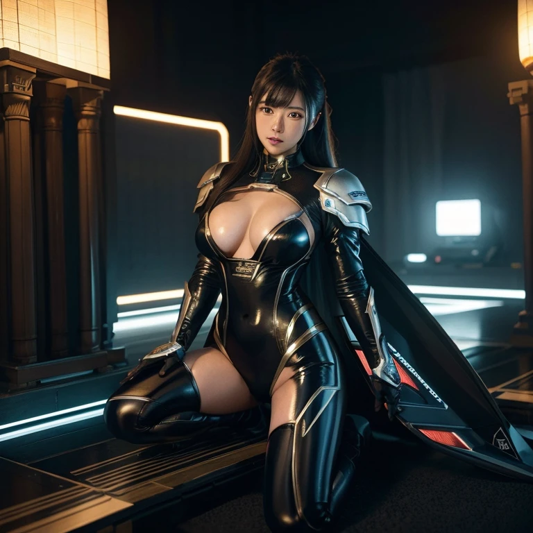 (best qualtiy)), ((tmasterpiece)), (A detailed:1.4), 3D, Beautiful images of cyberpunk women, HDR(HighDynamicRange),Ray traching,NVIDIA RTX,Hyper-Resolution,Unreal 5,sub surface scattering,PBR textures,Post-processing,Anisotropic filtering,depth of fields,Maximum clarity and sharpness,Many-Layer Textures,Albedo e mapas Speculares,Surface Coloring,Light-,Asian woman metal hair sci-fi mecha suit