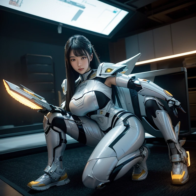 (best qualtiy)), ((tmasterpiece)), (A detailed:1.4), 3D, Beautiful images of cyberpunk women, HDR(HighDynamicRange),Ray traching,NVIDIA RTX,Hyper-Resolution,Unreal 5,sub surface scattering,PBR textures,Post-processing,Anisotropic filtering,depth of fields,Maximum clarity and sharpness,Many-Layer Textures,Albedo e mapas Speculares,Surface Coloring,Light-,Asian woman metal hair sci-fi mecha suit