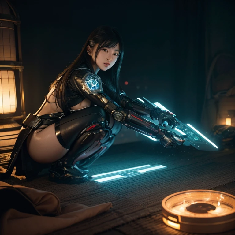 （best qualtiy））， （（tmasterpiece））， （A detailed：1.4）， 3D， Beautiful images of cyberpunk women， HDR（HighDynamicRange），Ray traching，NVIDIA RTX，Hyper-Resolution，Unreal 5，sub surface scattering，PBR textures，Post-processing，Anisotropic filtering，depth of fields，Maximum clarity and sharpness，Many-Layer Textures，Albedo e mapas Speculares，Surface Coloring，Light-，Asian woman metal hair sci-fi mecha suit