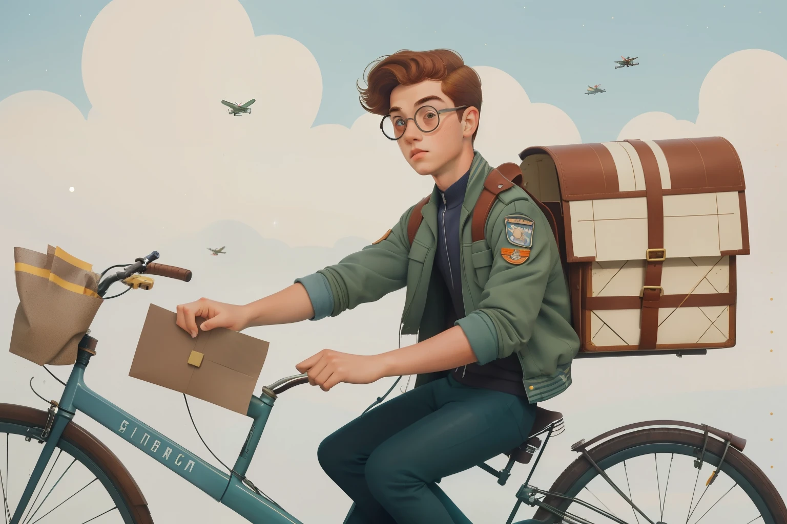 The Flying Bicycle Courier: Picture a tween boy with messy auburn curls and a constellation of freckles on his cheeks, dressed in a vintage pilot's jacket and goggles. He soars through the sky on a levitating bicycle surrounded by floating envelopes and whimsical postage stamps, bathed in Wes Anderson's signature palette.