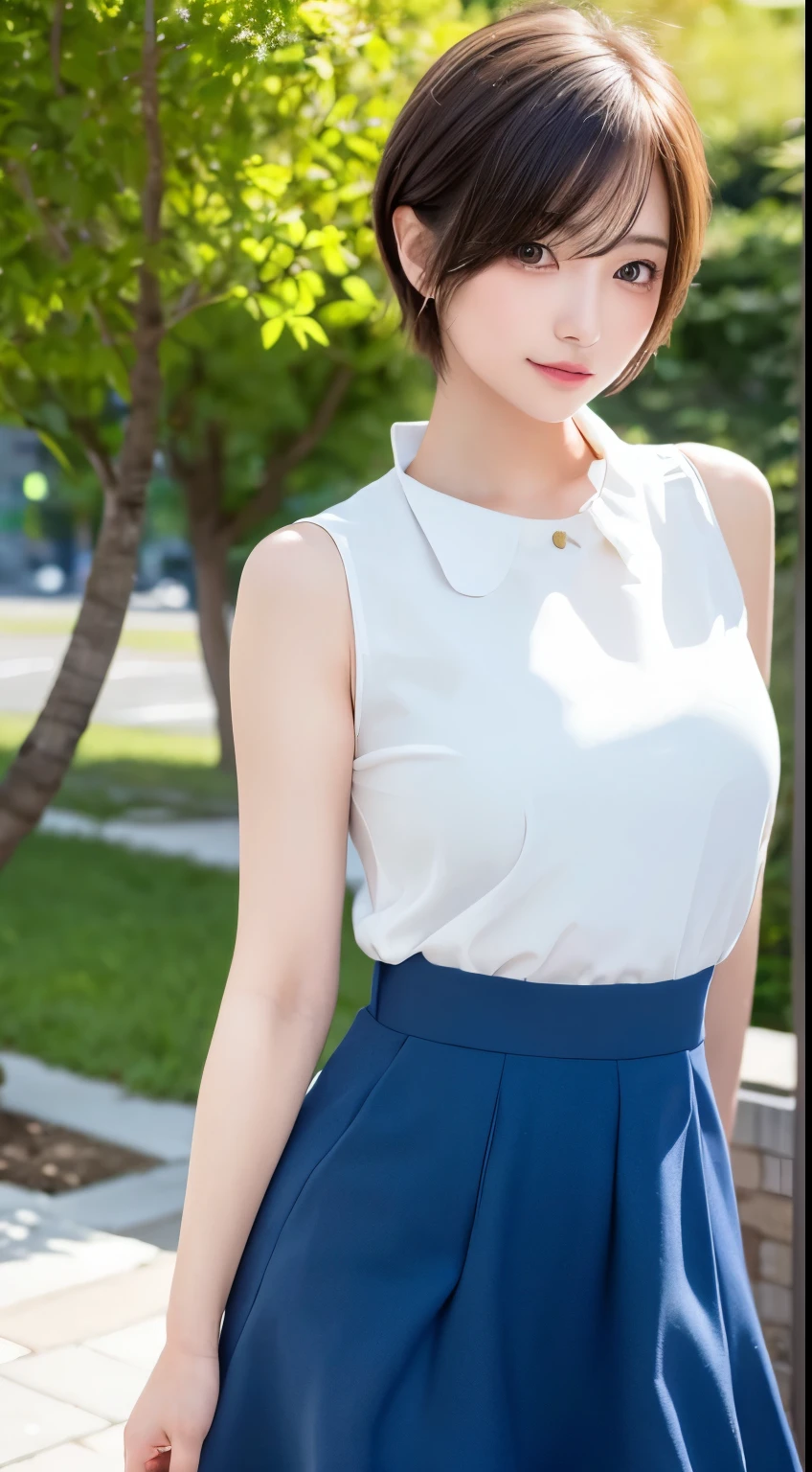 Masterpiece, 1 Beautiful Girl, Detailed Eyes, Puffy Eyes, Top Quality, Ultra High Resolution, (Realistic: 1.4), Movie Lighting, Japanese, Asian Beauty, Korean, Very Beautiful, Beautiful Skin, Slender, Body Facing Forward, (Ultra Realistic), (High Resolution), (8K), (Very Detailed ), ( Best Illustration), (Beautifully Detailed Eyes), (Super Detailed), (Wallpaper), Detailed Face, Lighting is Bright, Professional Lighting, Looking at Viewer, Facing Forward, Short Hair, Neat Clothing, Background is Slightly Blurred, Street Trees, Hair Color is Partially Bright Blue, Dress, Topskirt Smile,