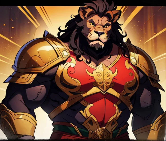 a lion-faced beastman with a scar on his left cheek and a burly, muscular build which stood nearly two meters tall . He wears royal knight’s armor with a color scheme of black red and gold, he is nearly 50-years-old.
