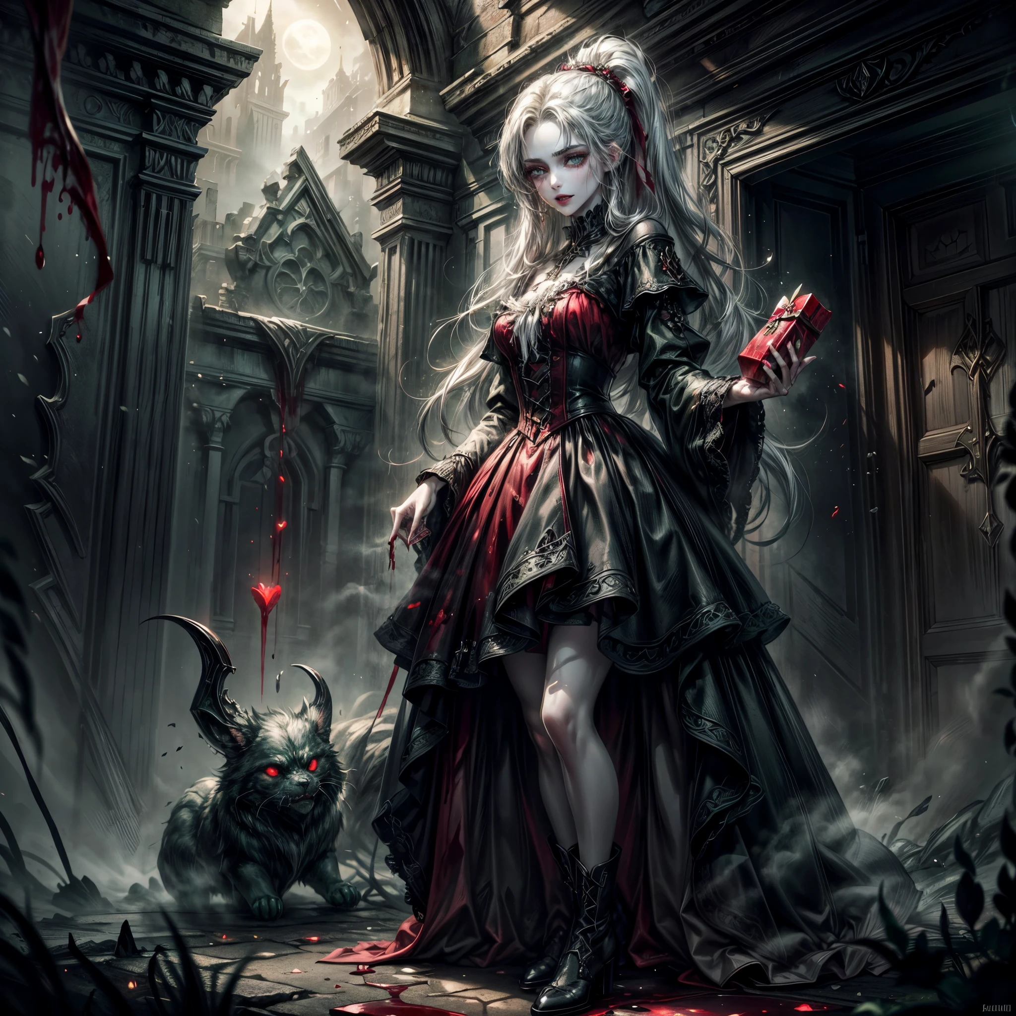 a picture of vampire standing in the front of her home holding a (blood: 1.3) dripping (gift box: 1.5), an exquisite beautiful female vampire in her front door of her home, full body (ultra detailed, Masterpiece, best quality), ultra detailed face (ultra detailed, Masterpiece, best quality), grey skin: 1.3 , blond hair, hair in a ponytail, long hair, blue eyes, cold eyes, glowing eyes, intense eyes, smile with [drops of blood on face] (ultra detailed, Masterpiece, best quality), dark red lips, [vampire fangs], wearing red dress (ultra detailed, Masterpiece, best quality), (green: 1.4) dark green cloak, (green: 1.3) green high heeled boots in front of her home, holding a (white: 1.4) gift box dripping red blood GlowingRunes_red (ultra detailed, Masterpiece, best quality, high details, best quality, 16k, [ultra detailed], masterpiece, best quality, (ultra detailed), full body, ultra wide shot, photorealism, luis royo style, dark fantasy art, moon light coming through the window, moon rays, gothic art, sense of dread, sense of seduction, bloodmagic,