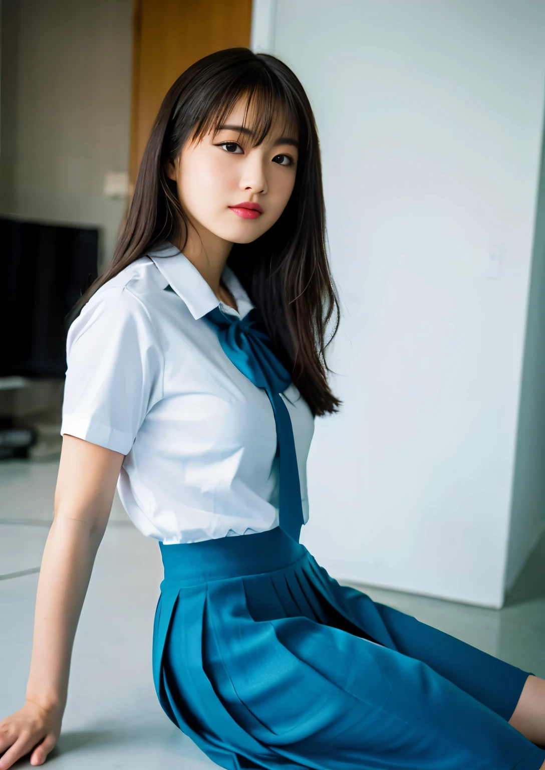 Very detailed CG Unity 8k wallpaper、highest quality、Very detailed、masterpiece、reality、Photorealistic、Very detailedなかわいい女の子、18-year-old、(High school girl in Japan uniform)、((White short sleeve buttoned shirt:1.4))、((Shooting from the front:1.4))、((Dark blue bow tie:1.4))、((Sitting on a red sofa:1.4))、((Model pose:1.4))、blush、Cleft lip、Looking at the audience、((Cowboy Shot:1.4))、(Navy blue short pleated skirt lift:1.5)、(short sleeve white shirt for students)、(Straight medium long hair:1.7)、(Beautiful Face:1.3)、(Perfect Proportions:1.2)、(Long legs:1.2)、(Small breasts:1.3)、((Upper Body))、((White panties are visible:1.4))、Angle from below、reality、smile:1.7、