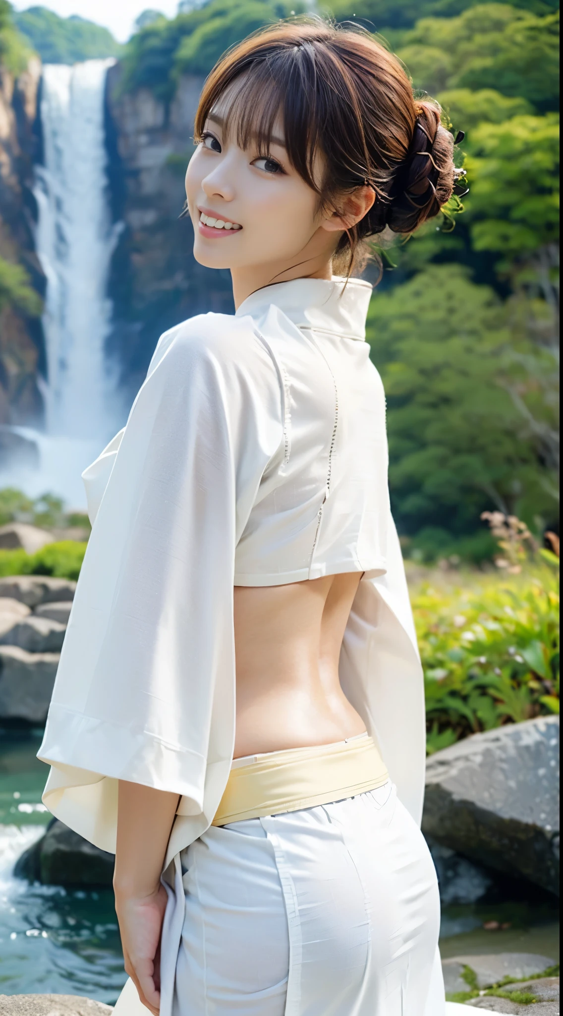 (((A beautiful woman is preparing to cleanse herself in front of a large waterfall in a pure white, thin kimono that shows little skin.))),(((An innocent gravure idol who looks good in a plain white kimono puts her hands together and shows her purity.々standing with a happy face))),(((masutepiece:1.6))),(((ulzzang-6500))),(((perfect anatomia:1.6))),(((Deep depth of field with Hasselblad))),(((Sexy waist))),masterpiece,top-quality,超A high resolution,High detailed portrait,(photographrealistic:1.4),(((High nose and chiseled beautiful face))),(((Long limbs like a model))),The fair-skinned nape of the neck is dazzling,(((The beautiful pure white kimono that shows off the lines of the body stands out.))),pull your chin and smile,((Full body shot from the rear)),Cute 20 years old, Her long glossy chestnut hair is tied up and the nape of her neck is sexy.,((Proud F cup beautiful breasts )),(I can't get enough of my waistline),(Famous popular actresses of Japan),(Look over your shoulder and smile with the corners of your mouth and eyebrows raised),A detailed eye,((Gravure photoshoot in front of a large waterfall basin with an elegant atmosphere)),((long lashes,big eye,Distinct double eyelids,((shiny thick lips)),(((perfect anatomia:1.4))),
