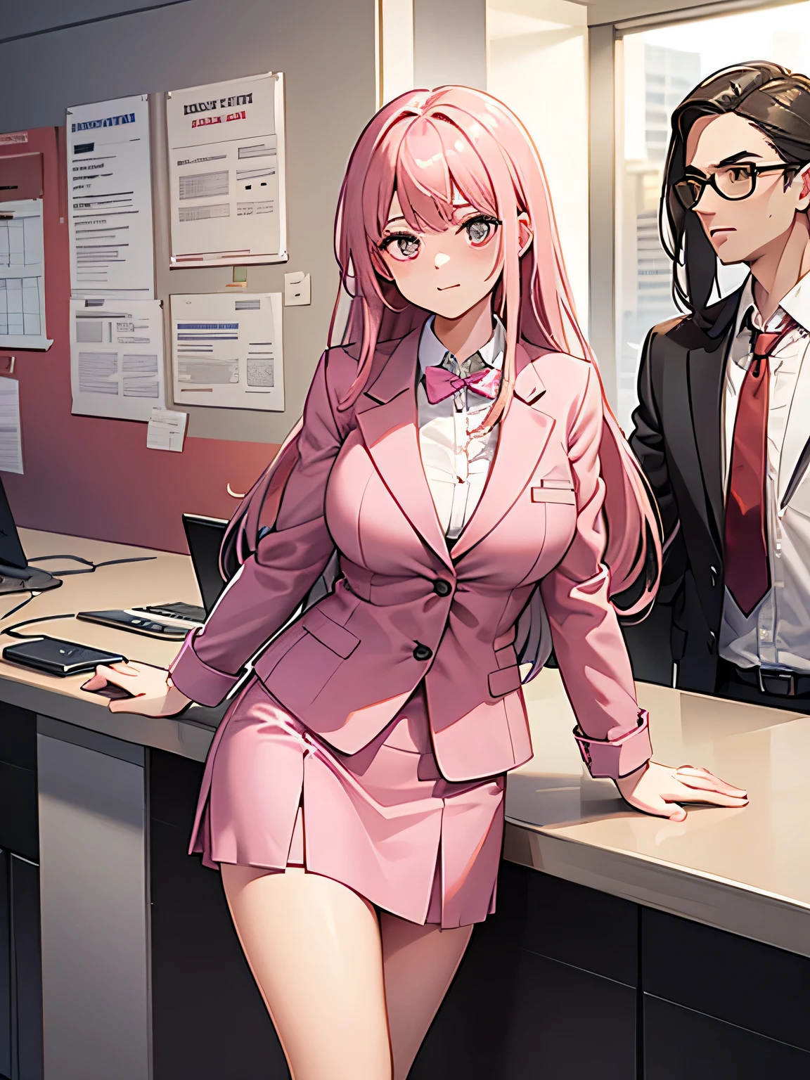 1,There's a woman behind the counter、There's a man in front of me.
2,the woman is the receptionist, She is wearing a pink blazer and a pink skirt., An unfriendly person who hates men.
3,The man is an employee of this company、I'm asking the receptionist to come with me.。.
4,The location is the company's large reception counter., The company logo is written in large letters on the back wall..
