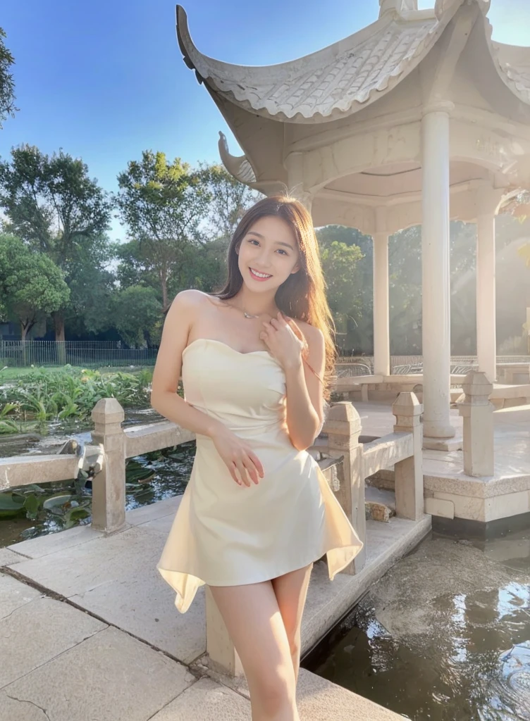 (((masterpiece:1.2,Highest quality:1.2,Photorealistic:1.2,Ultra high definition:1.2,Ultra-high resolution:1.2,Detailed Images:1.2))),Physically Based Rendering,Full body of a cute girl standing in a park full of flowers,Standing whole body,A revealing, sexy mini dress,Tube top dress,Exposed shoulders,Bare shoulders,Perfect proportions,Small waist,Perfect body,Upturned hips,double eyelid,Long eyelashes,Detailed eyes,Half Up Hair,Light Brown Hair,Look here,Long legs,Sexy pose,Attractive thighs,slender,Skinny Legs