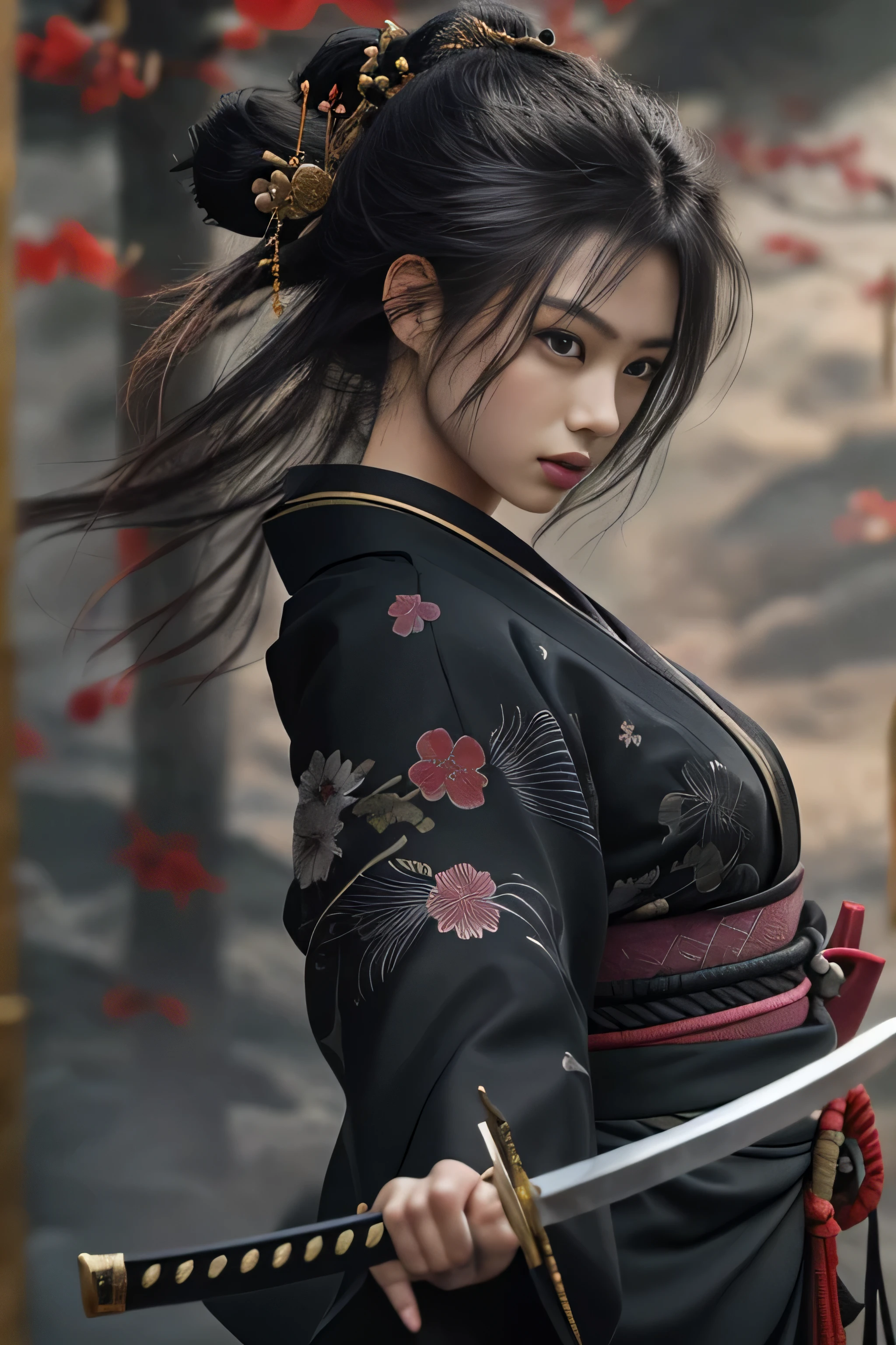 8k high definition, girl, anime, traditional chinese clothing, revealing, battle poze, black hair, long, loose, blooming yellow eyes, katana. gray background, daylight, perfect body, lilac details detailed skin, small chest, tomboy girl, masterpiece, best quality, stiff nipple, high resolution, pc wallpaper. --auto --s2